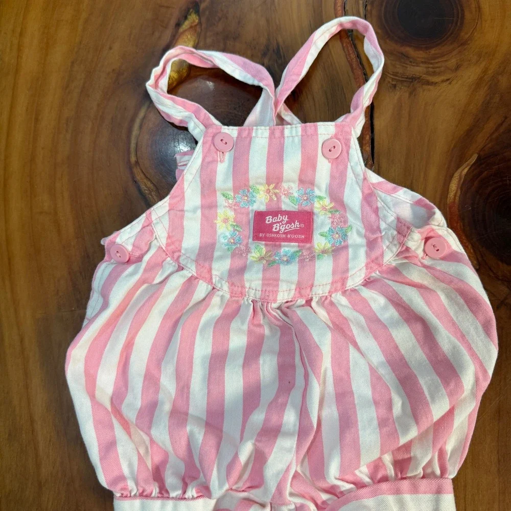 Vintage Oshkosh Overalls 12M Cotton USA Floral Short Shortalls Bubble Stripe D13
